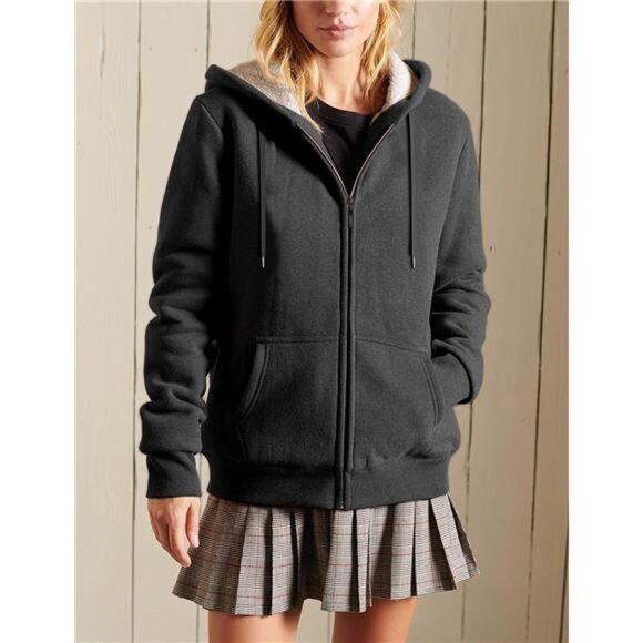 Women's Full Zip Up Sherpa Lined Hoodie Jacket Charcoal - Picture 3 of 7